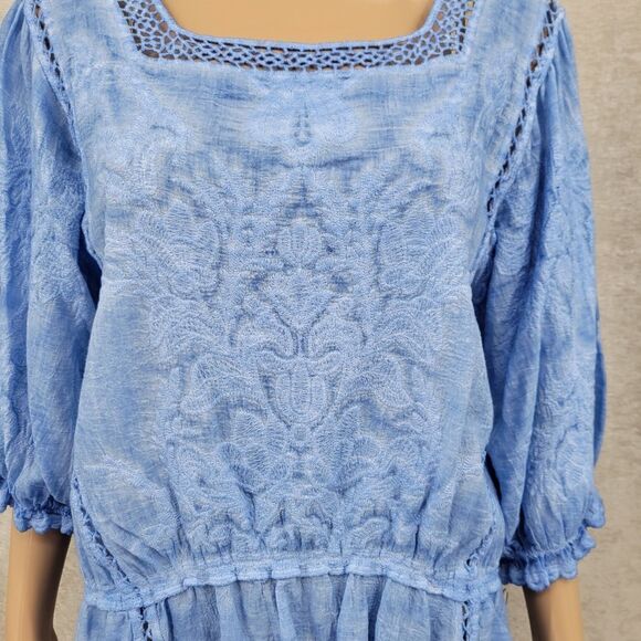 Democracy Bonnet Sleeve Square Crochet Neck Mineral Wash Peplum Woven Top - Picture 4 of 14